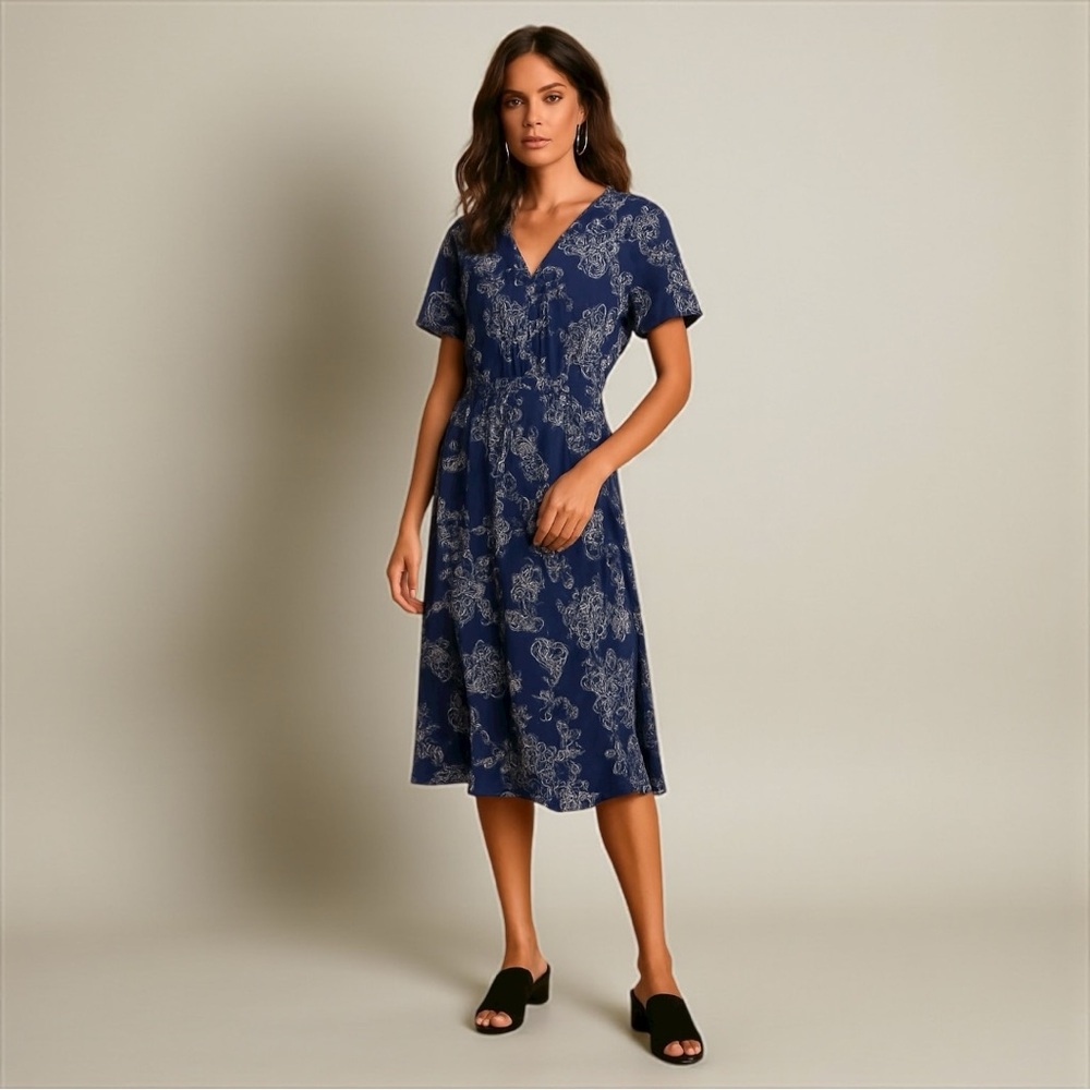 🌼 Vintage 90s Robbie Bee Floral Midi Dress 👗 Navy White Size M